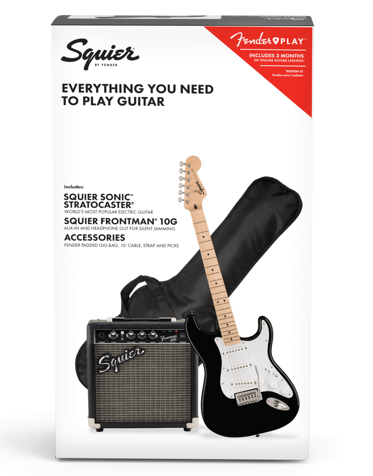 SQUIER Squier Sonic® Stratocaster Pack, Maple, 2-Color Sunburst, Gig Bag, 10G - 240V AU