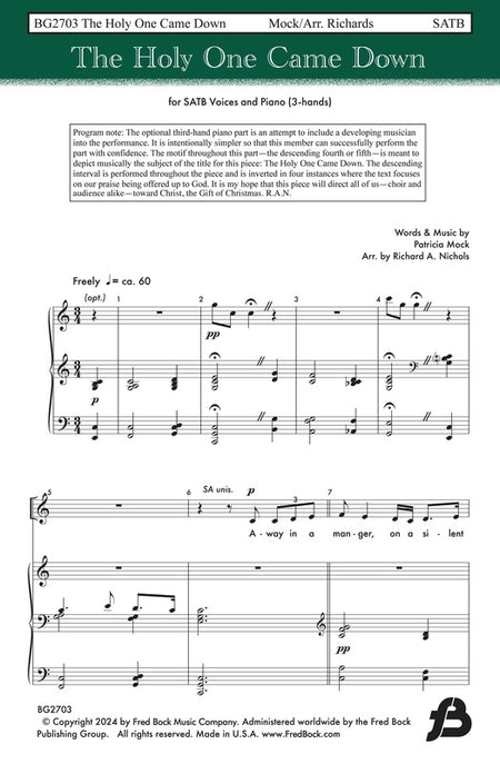 THE HOLY ONE CAME DOWN SATB/PIANO