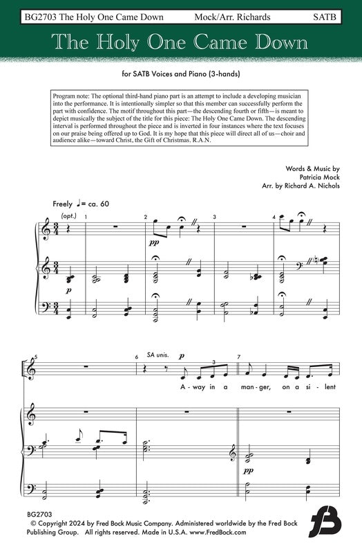 THE HOLY ONE CAME DOWN SATB/PIANO
