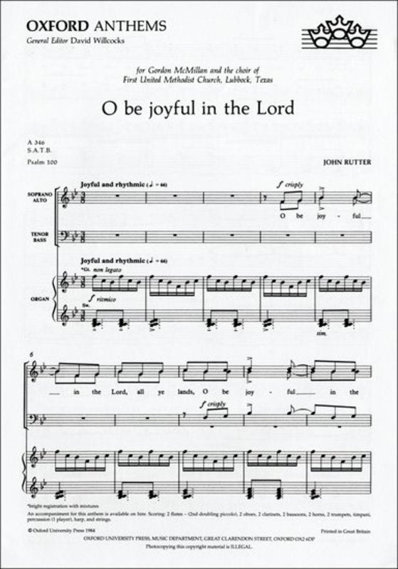 O BE JOYFUL IN THE LORD SATB/ORG