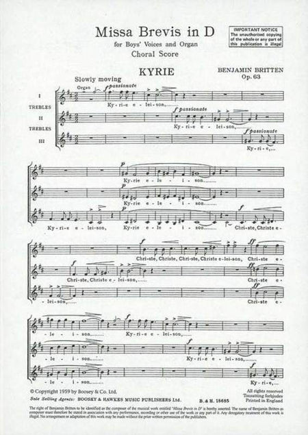 MISSA BREVIS IN D LATIN SSA ORGAN CHORAL SCORE